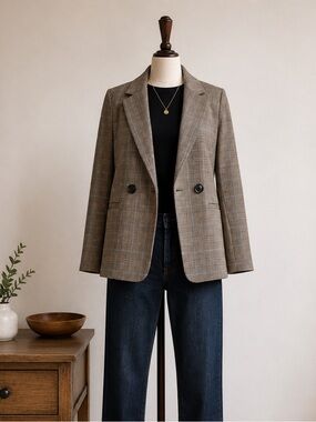 RW&CO Plaid Double Breasted Tailored Blazer Brown Academia Preppy Size 2